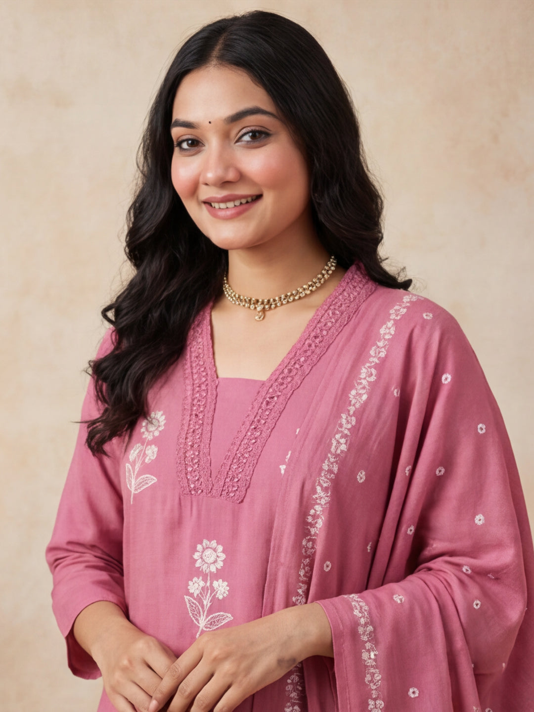 Floral Embroidered Straight Kurta & Trousers Sets