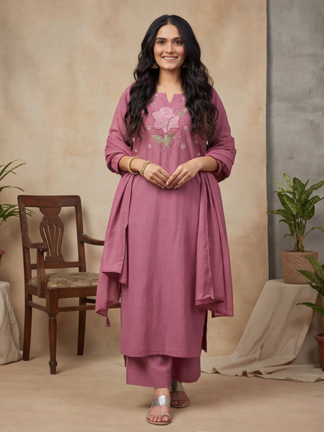 Floral Embroidered Straight Kurta & Trousers Sets
