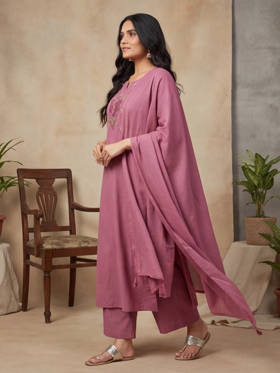 Floral Embroidered Straight Kurta & Trousers Sets