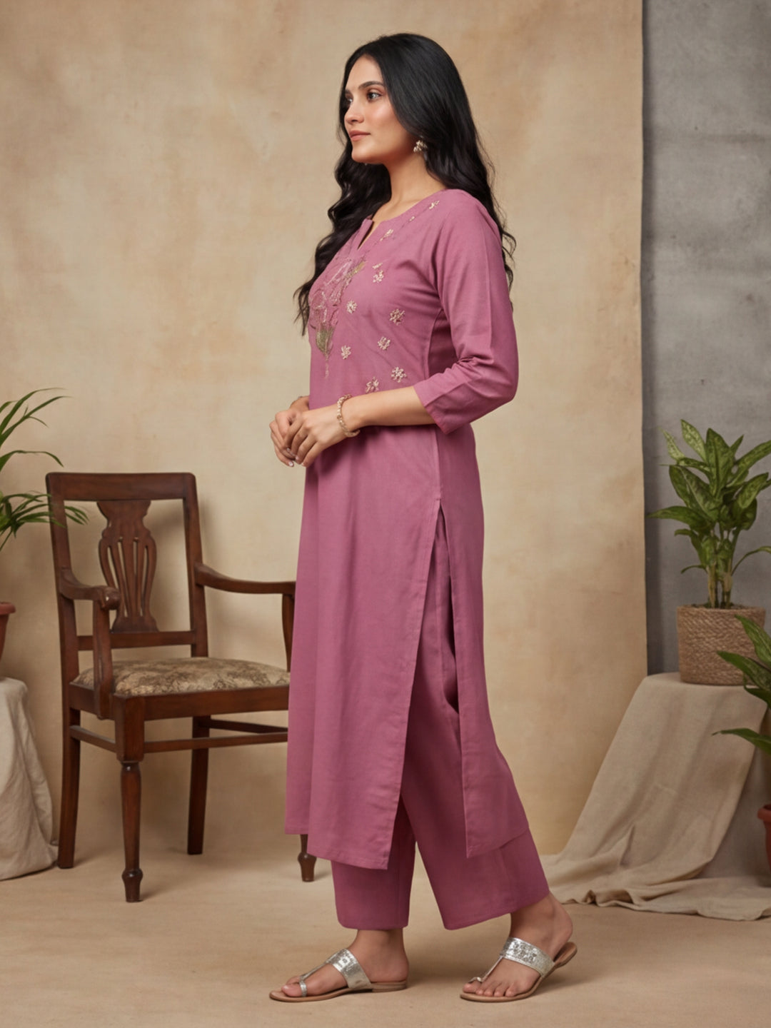 Floral Embroidered Straight Kurta & Trousers Sets