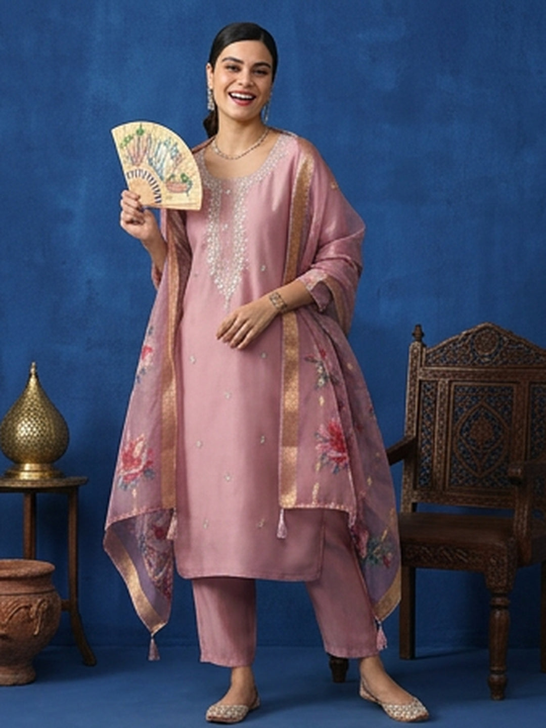 Floral Embroidered Straight Kurta & Trousers Sets