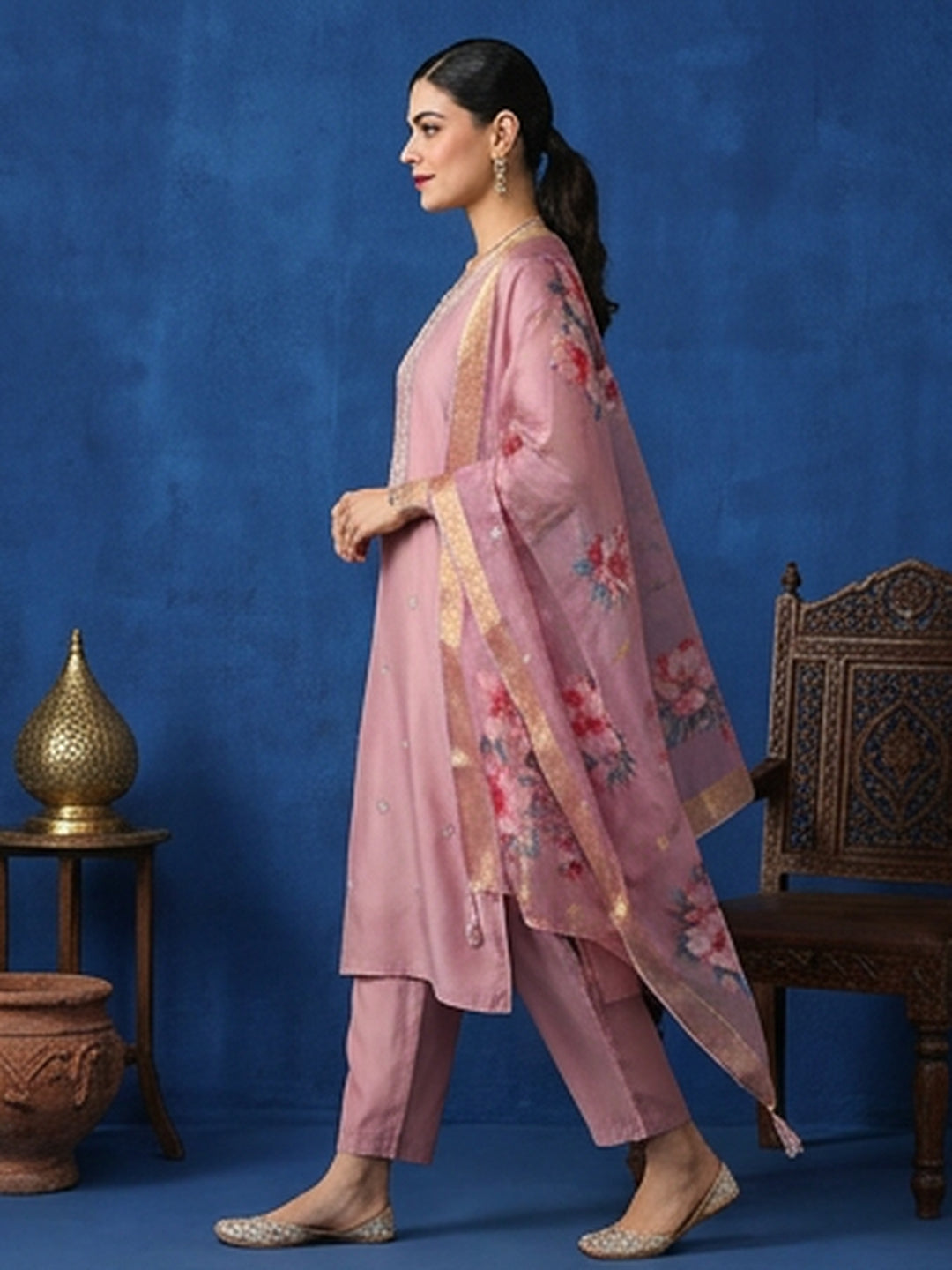 Floral Embroidered Straight Kurta & Trousers Sets