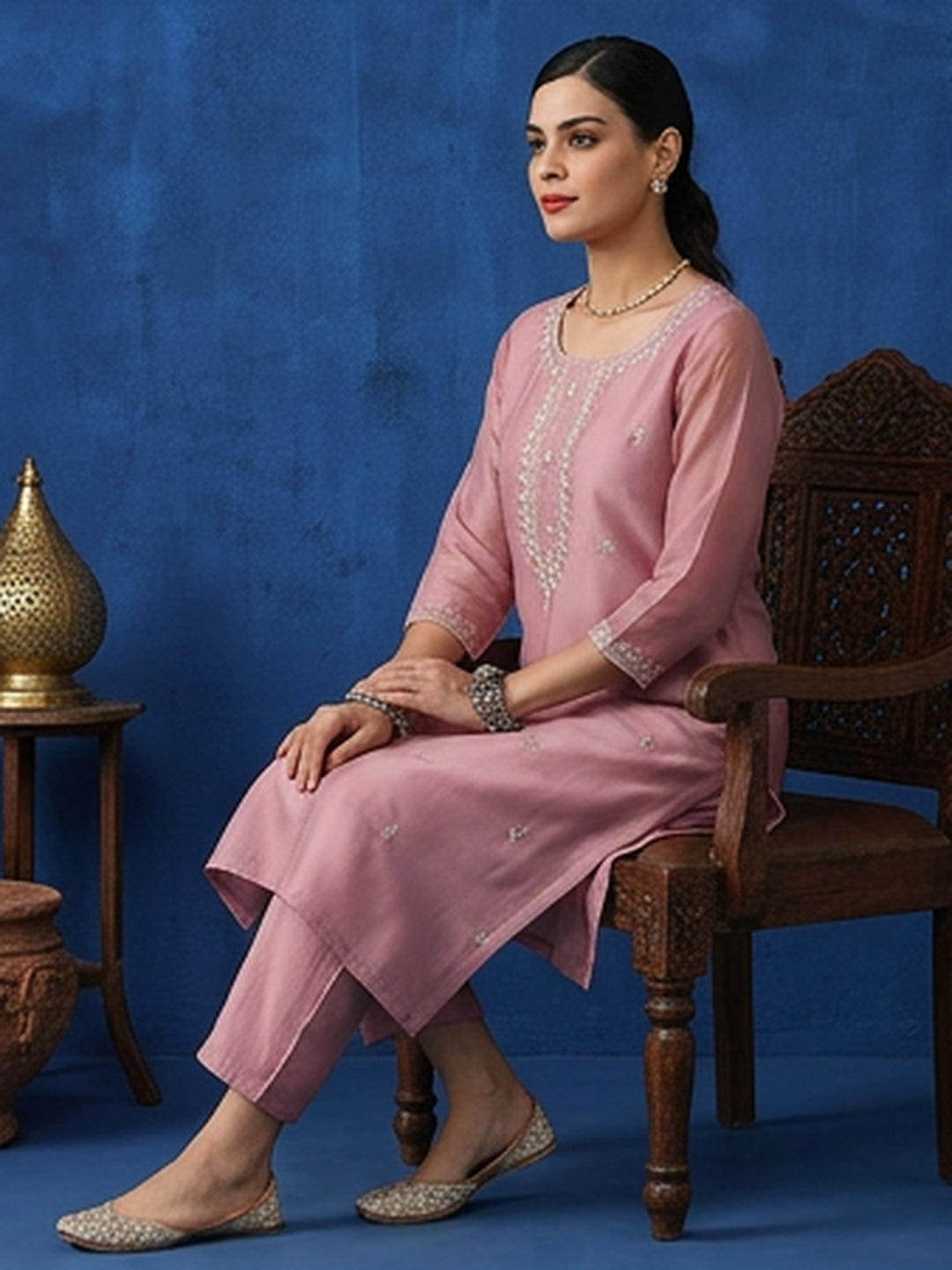 Floral Embroidered Straight Kurta & Trousers Sets