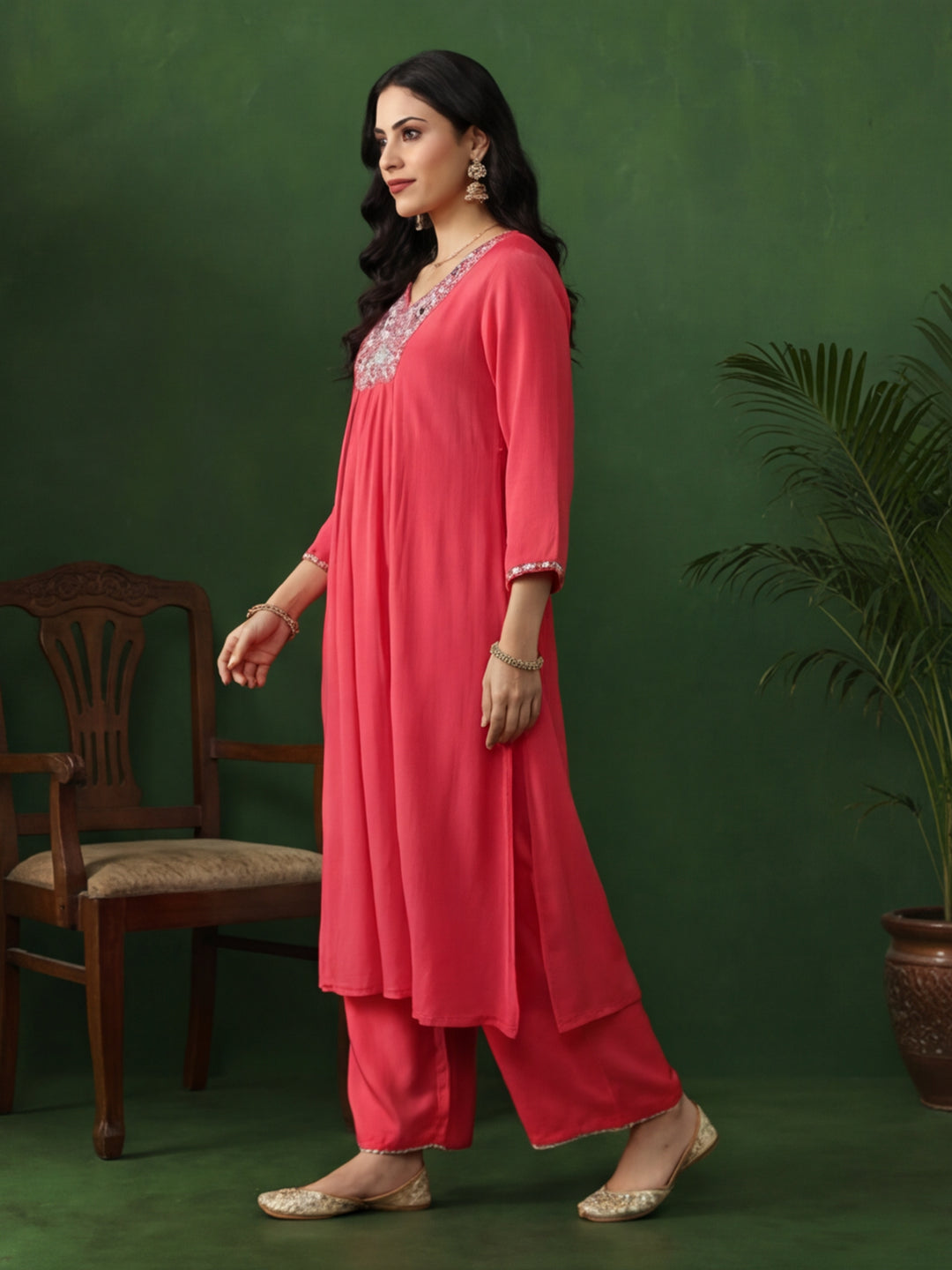 Floral Embroidered Flared Kurta & Trousers Sets