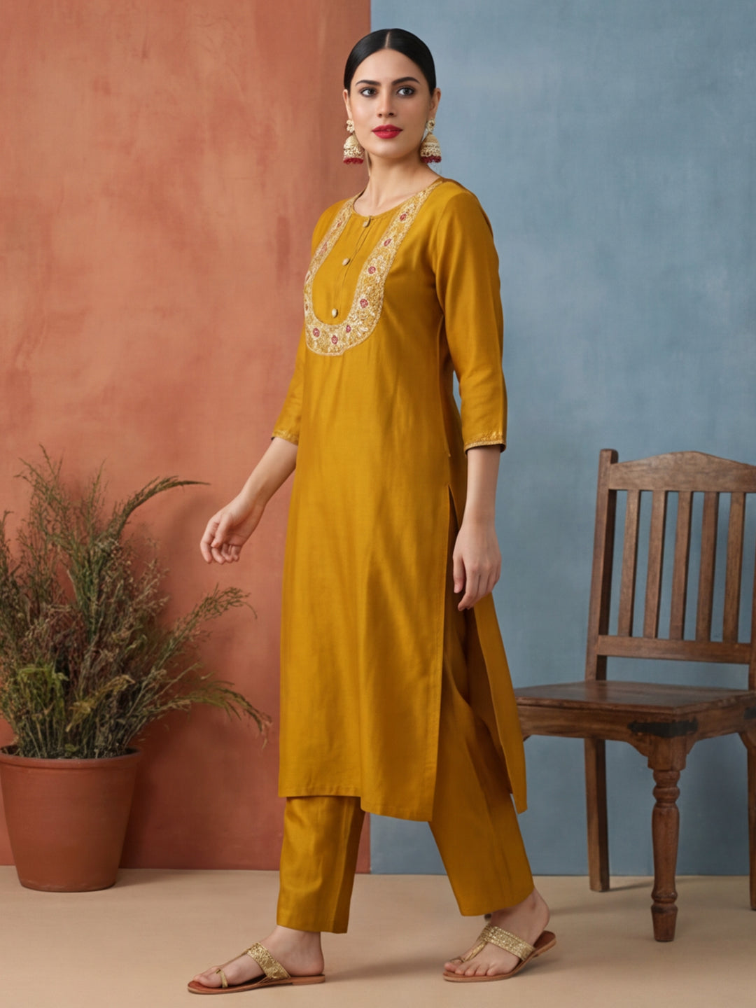 Solid Embroidered Straight Kurta & Trousers Sets