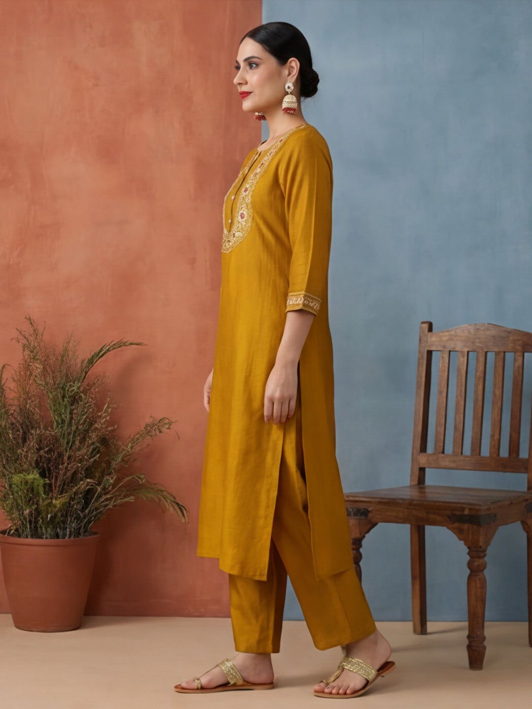 Solid Embroidered Straight Kurta & Trousers Sets