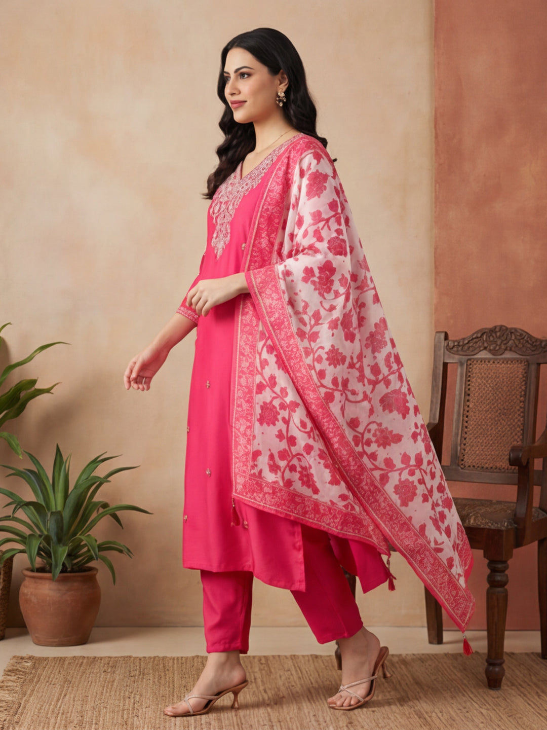 Floral Embroidered Asymmetric Kurta & Trousers Sets
