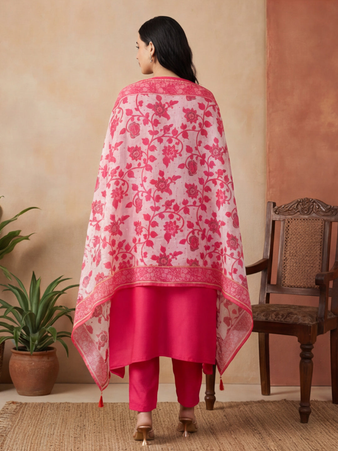 Floral Embroidered Asymmetric Kurta & Trousers Sets