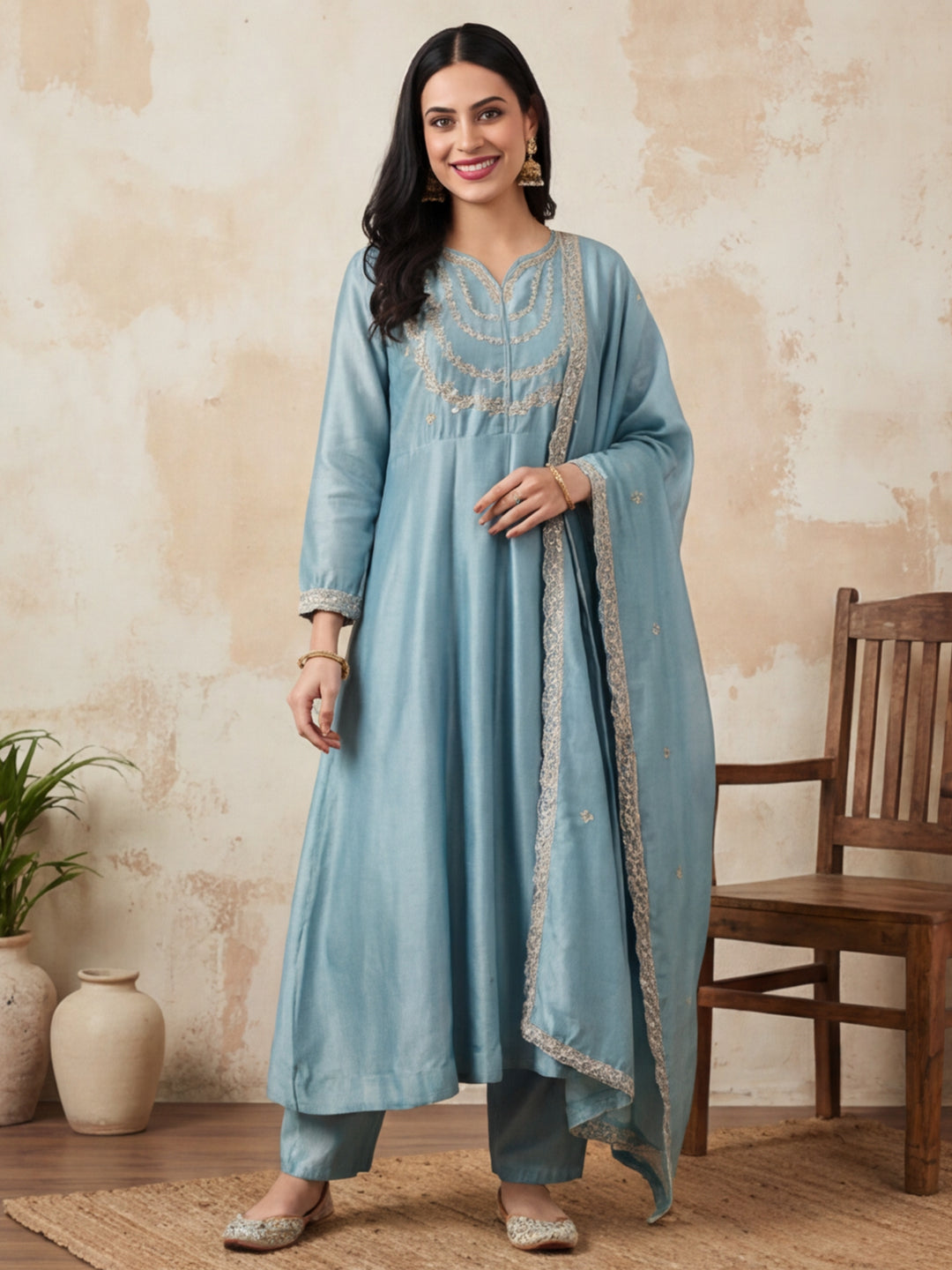Floral Embroidered Flared Kurta & Trousers Sets