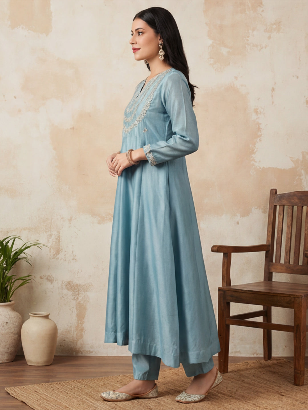 Floral Embroidered Flared Kurta & Trousers Sets