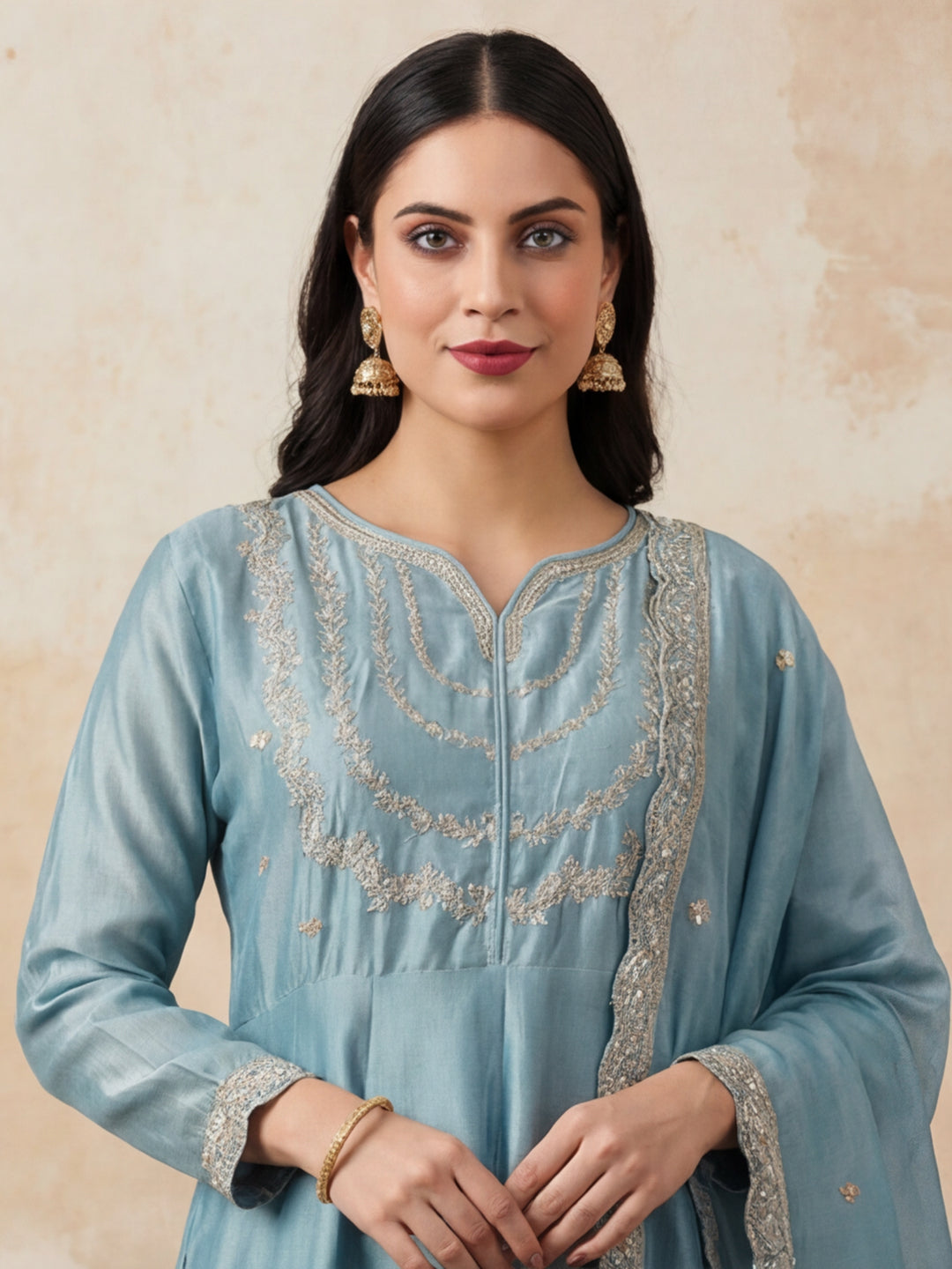 Floral Embroidered Flared Kurta & Trousers Sets