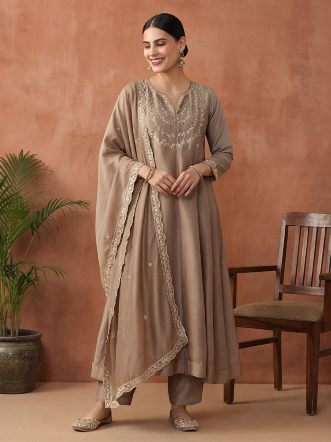Floral Embroidered Flared Kurta & Trousers Sets