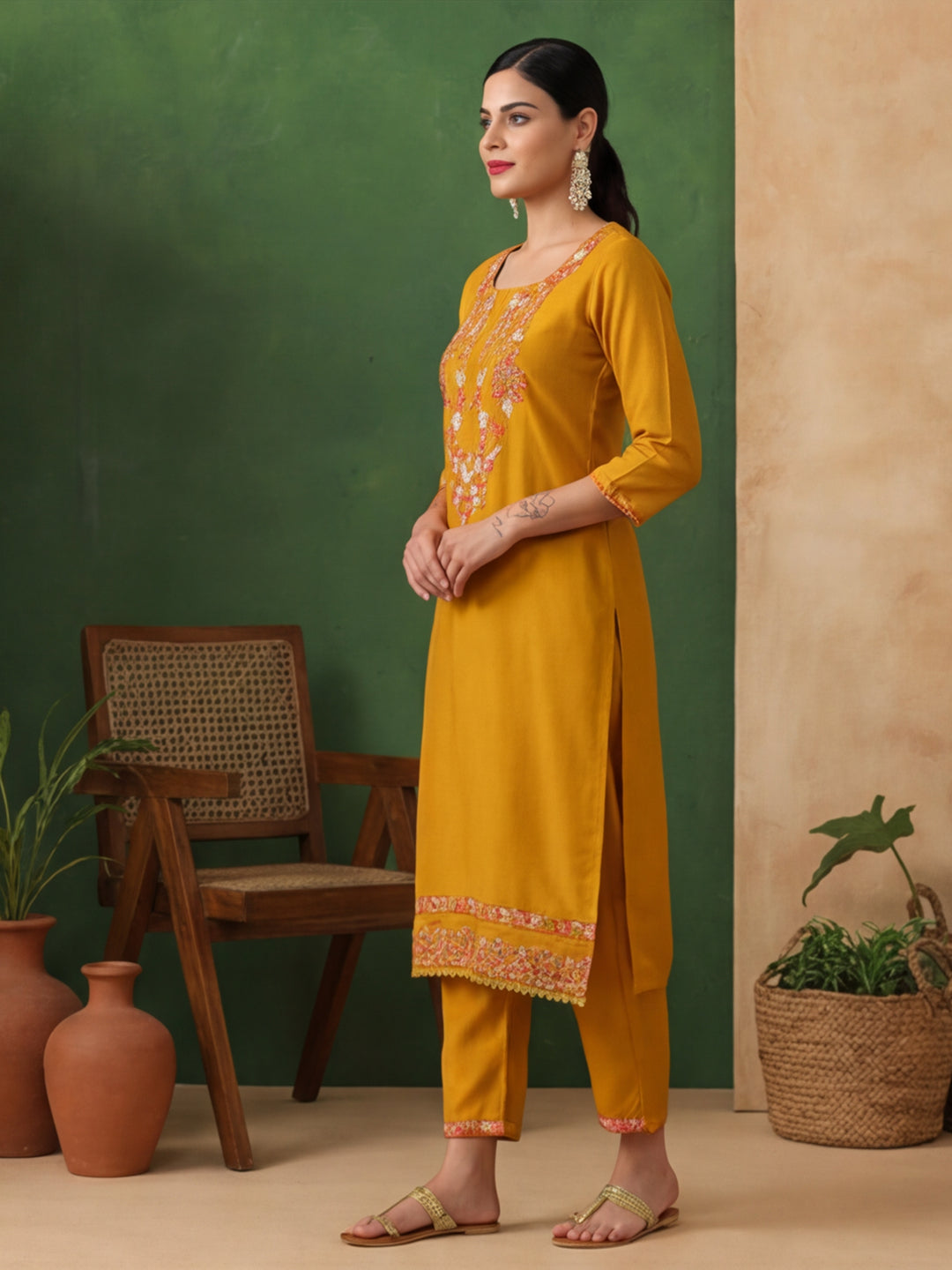 Floral Embroidered Straight Kurta & Trousers Sets