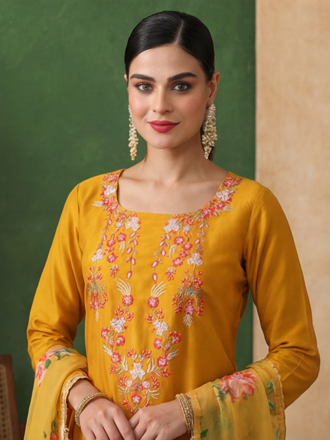 Floral Embroidered Straight Kurta & Trousers Sets