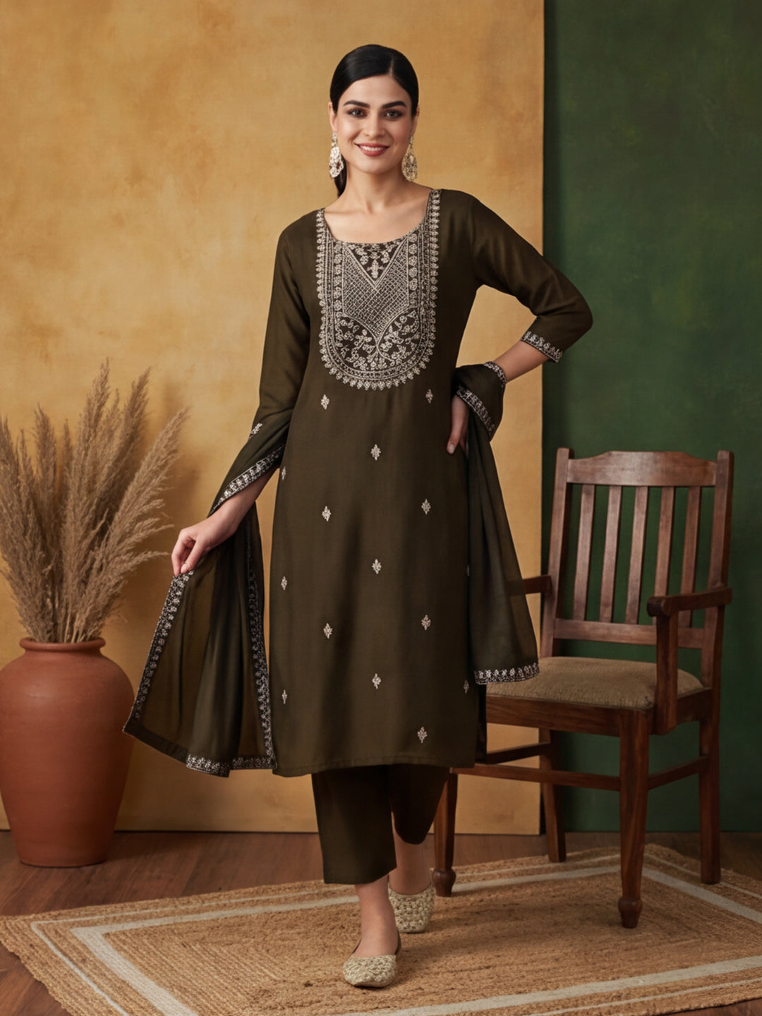 Floral Embroidered Straight Kurta & Trousers Sets