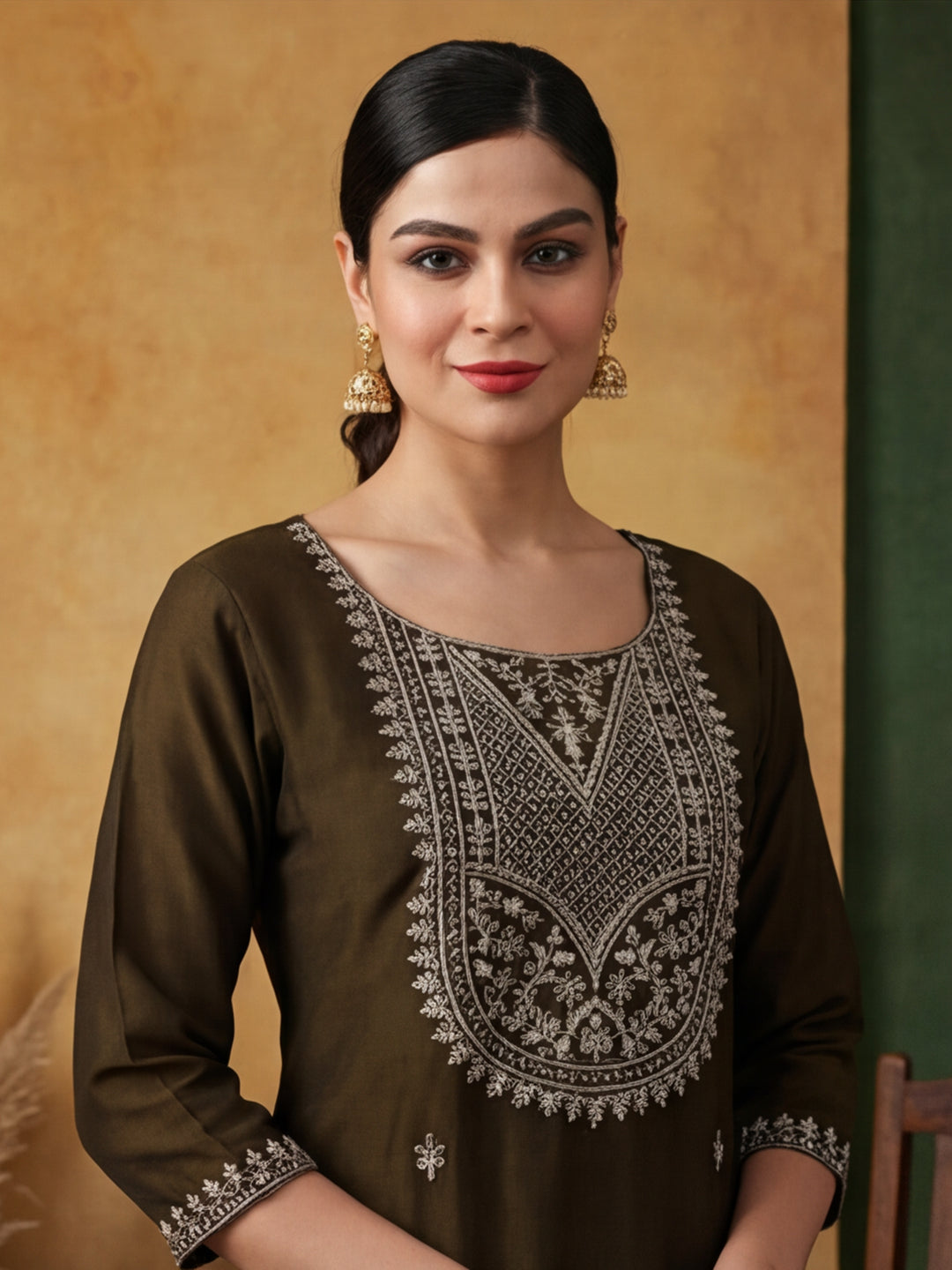 Floral Embroidered Straight Kurta & Trousers Sets