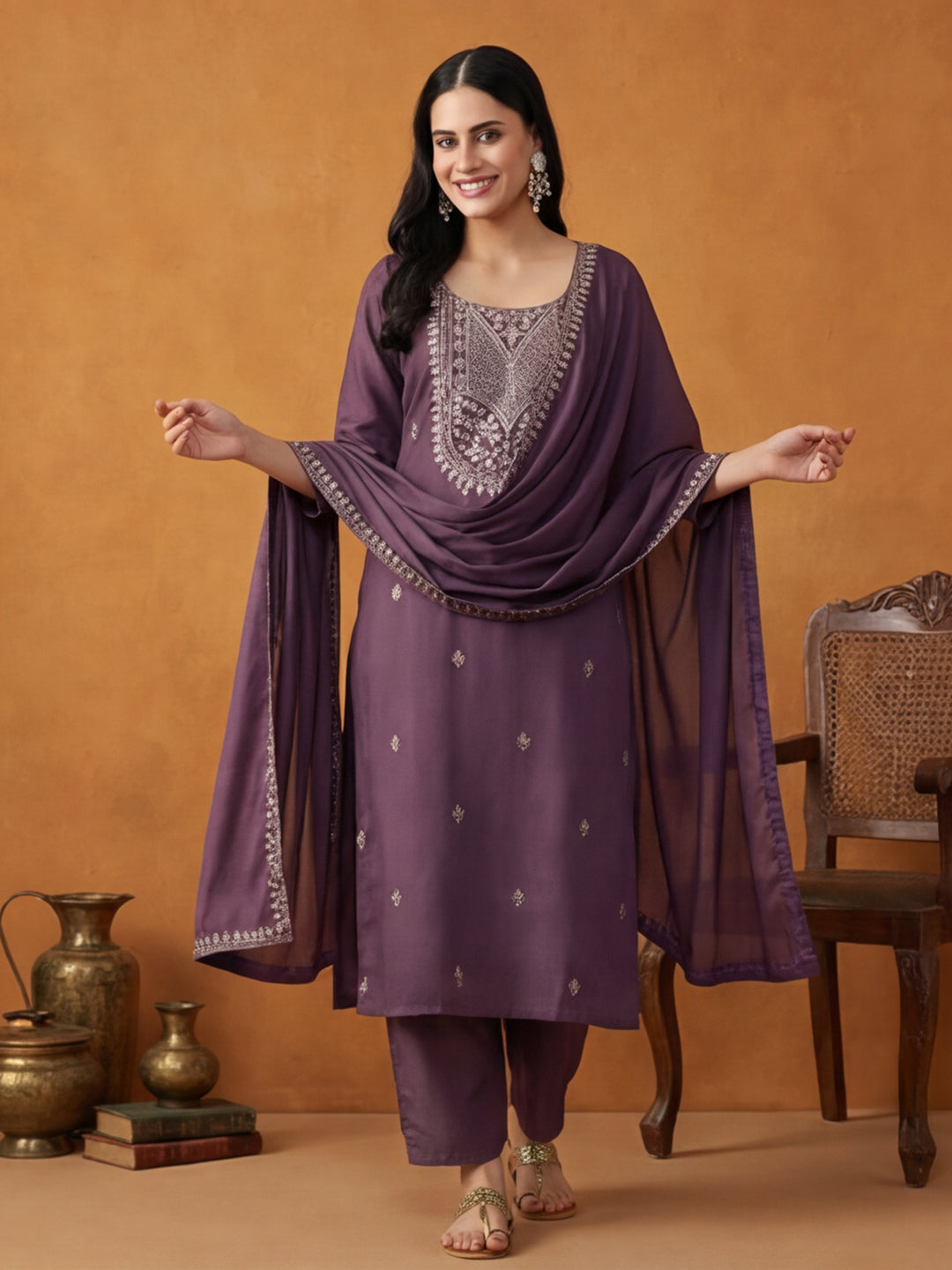 Floral Embroidered Straight Kurta & Trousers Sets