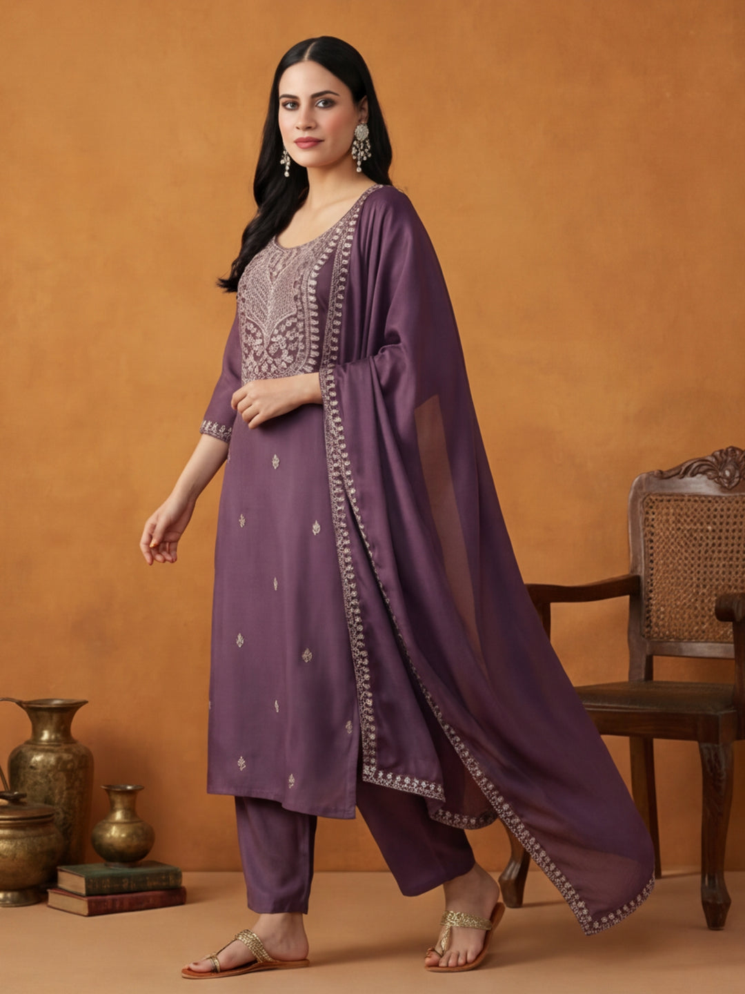 Floral Embroidered Straight Kurta & Trousers Sets