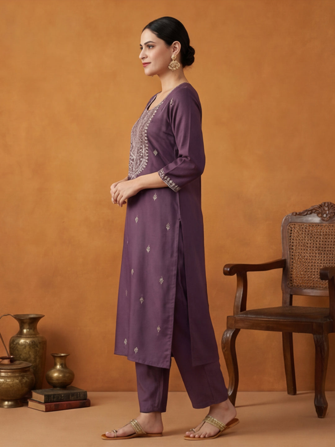 Floral Embroidered Straight Kurta & Trousers Sets