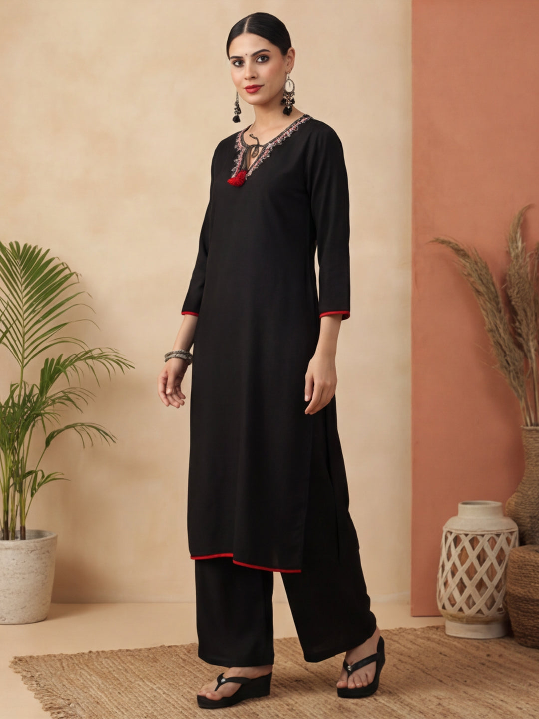 Solid Embroidered Straight Kurta & Trousers Sets