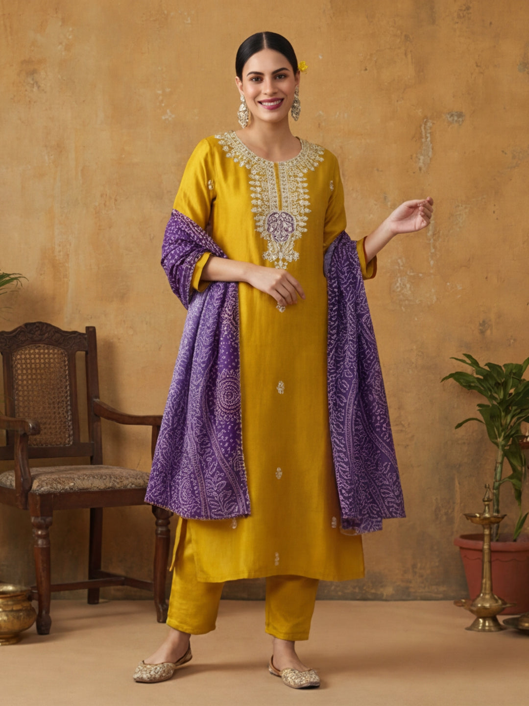Floral Embroidered Straight Kurta & Trousers Sets