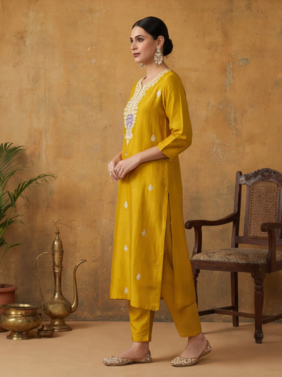 Floral Embroidered Straight Kurta & Trousers Sets