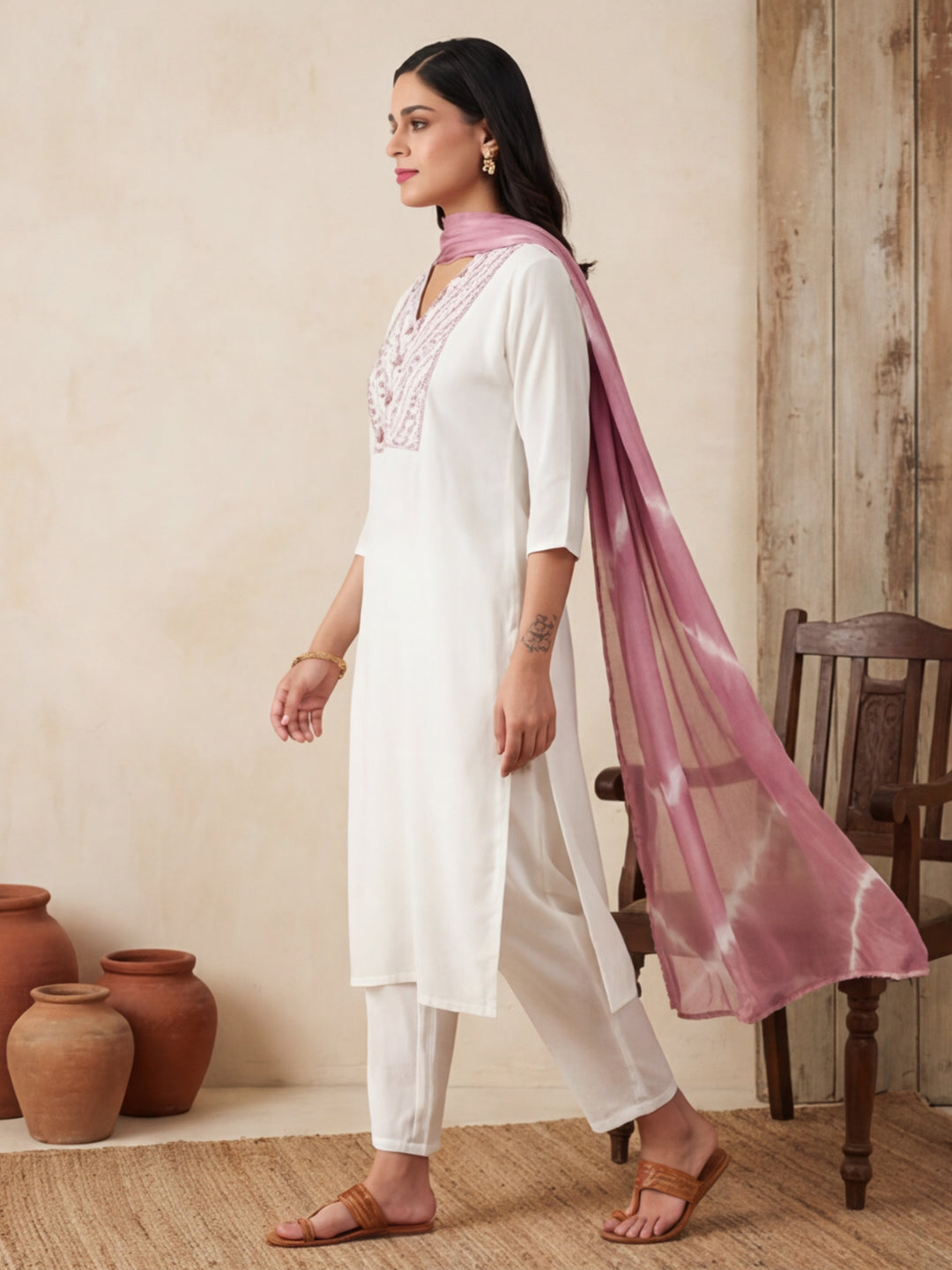 Solid Embroidered Straight Kurta & Trousers Sets