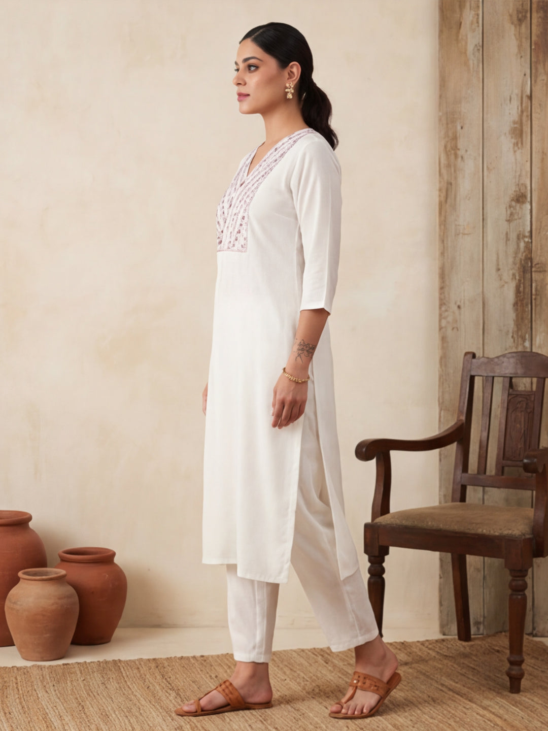 Solid Embroidered Straight Kurta & Trousers Sets