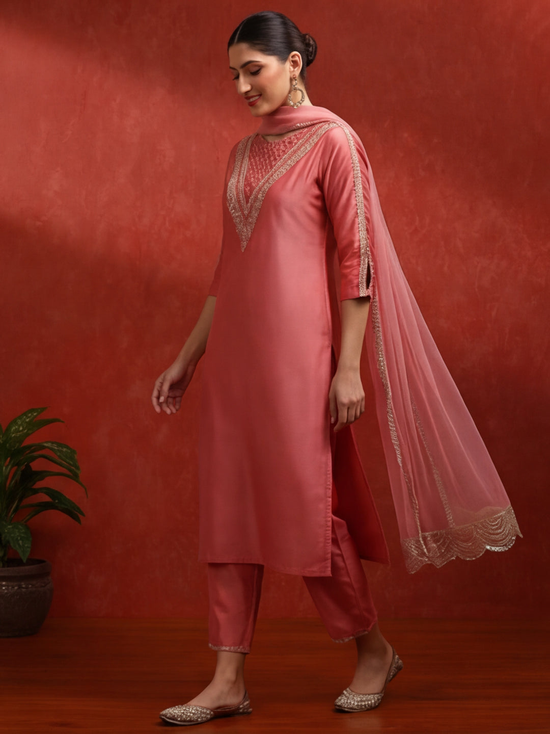 Solid Embroidered Straight Kurta & Trousers Sets