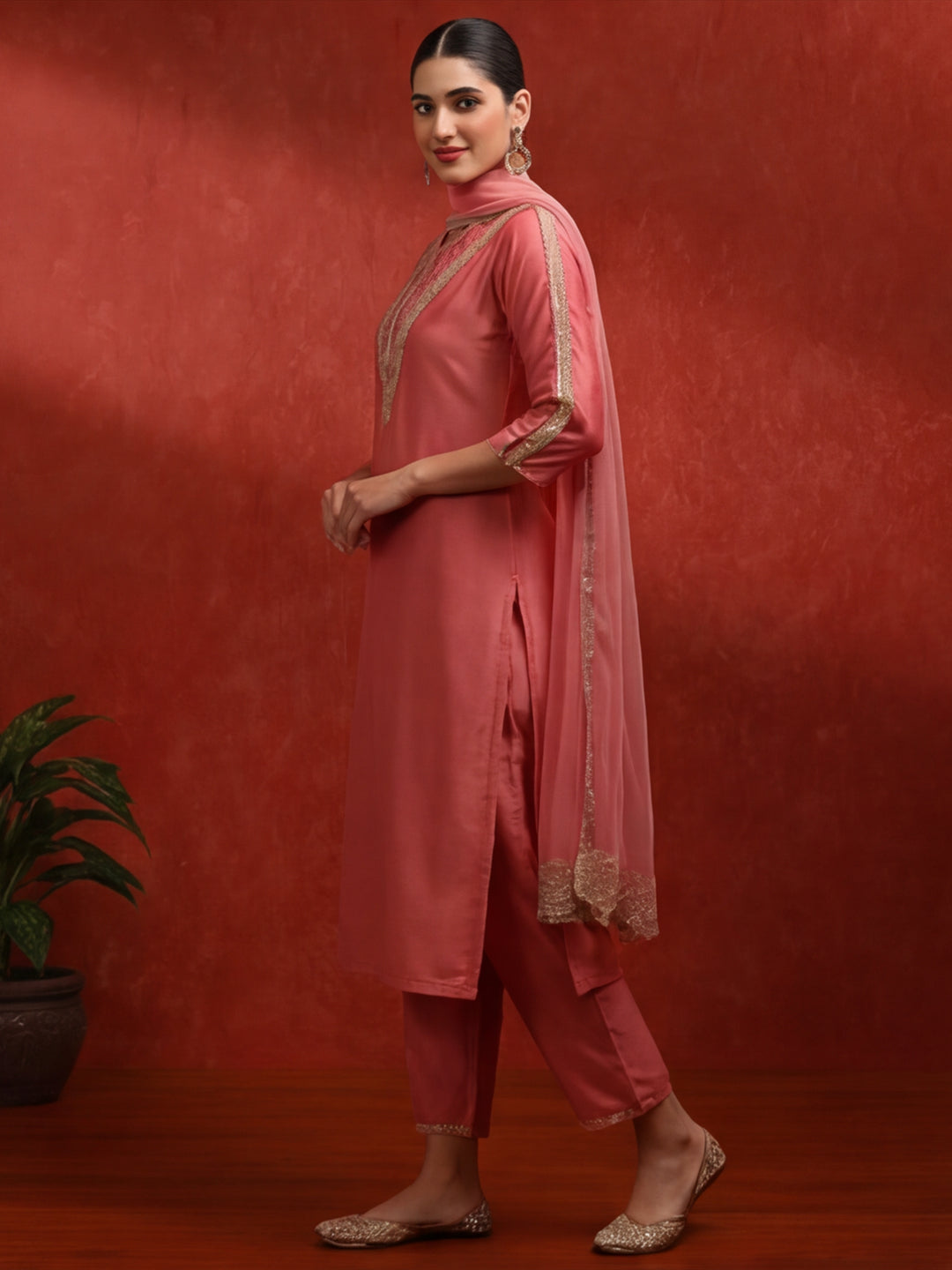 Solid Embroidered Straight Kurta & Trousers Sets