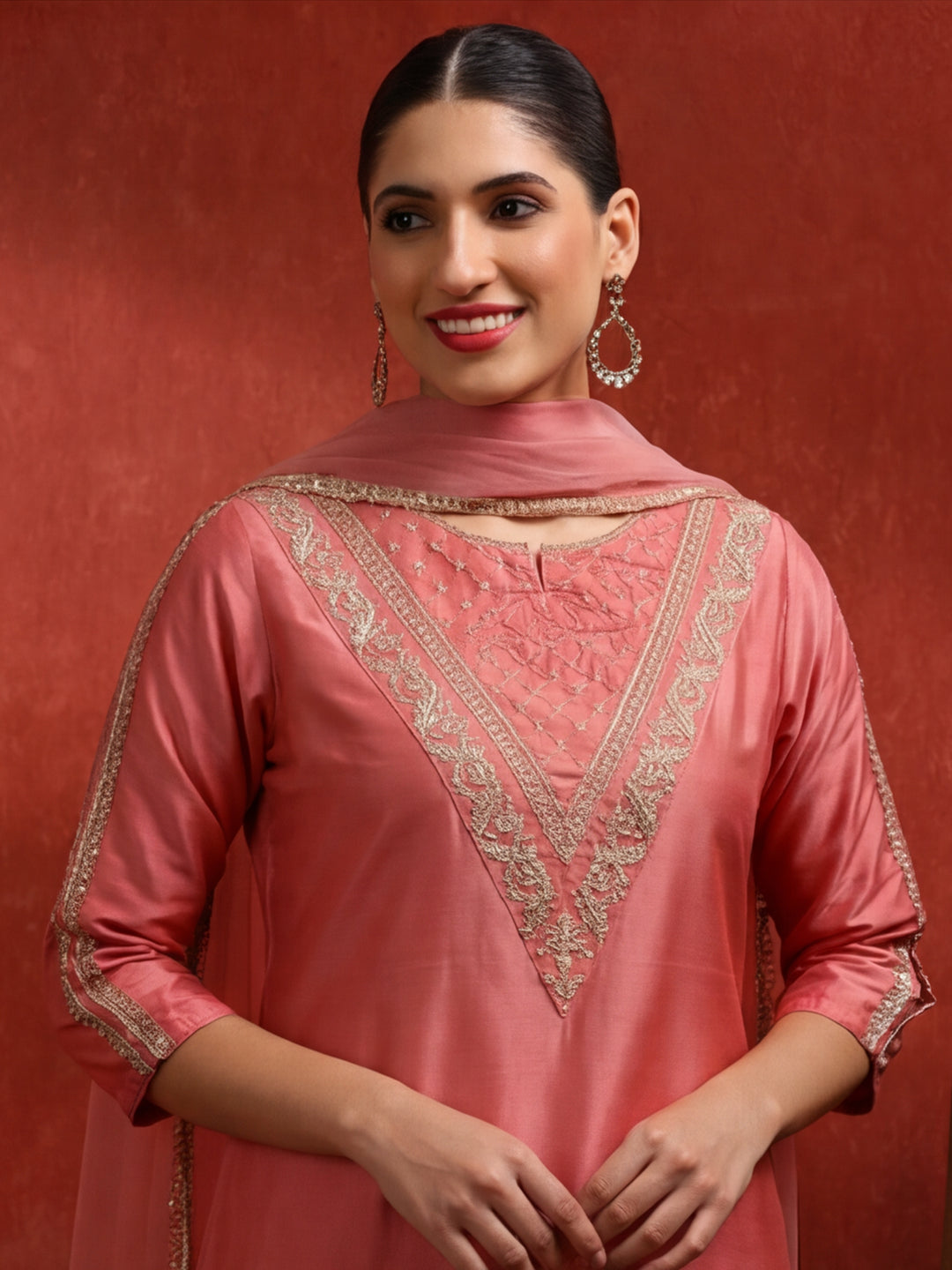 Solid Embroidered Straight Kurta & Trousers Sets