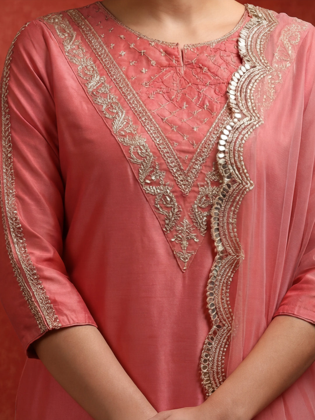Solid Embroidered Straight Kurta & Trousers Sets
