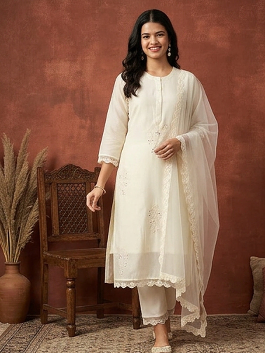 Floral Embroidered Straight Kurta & Trousers Sets