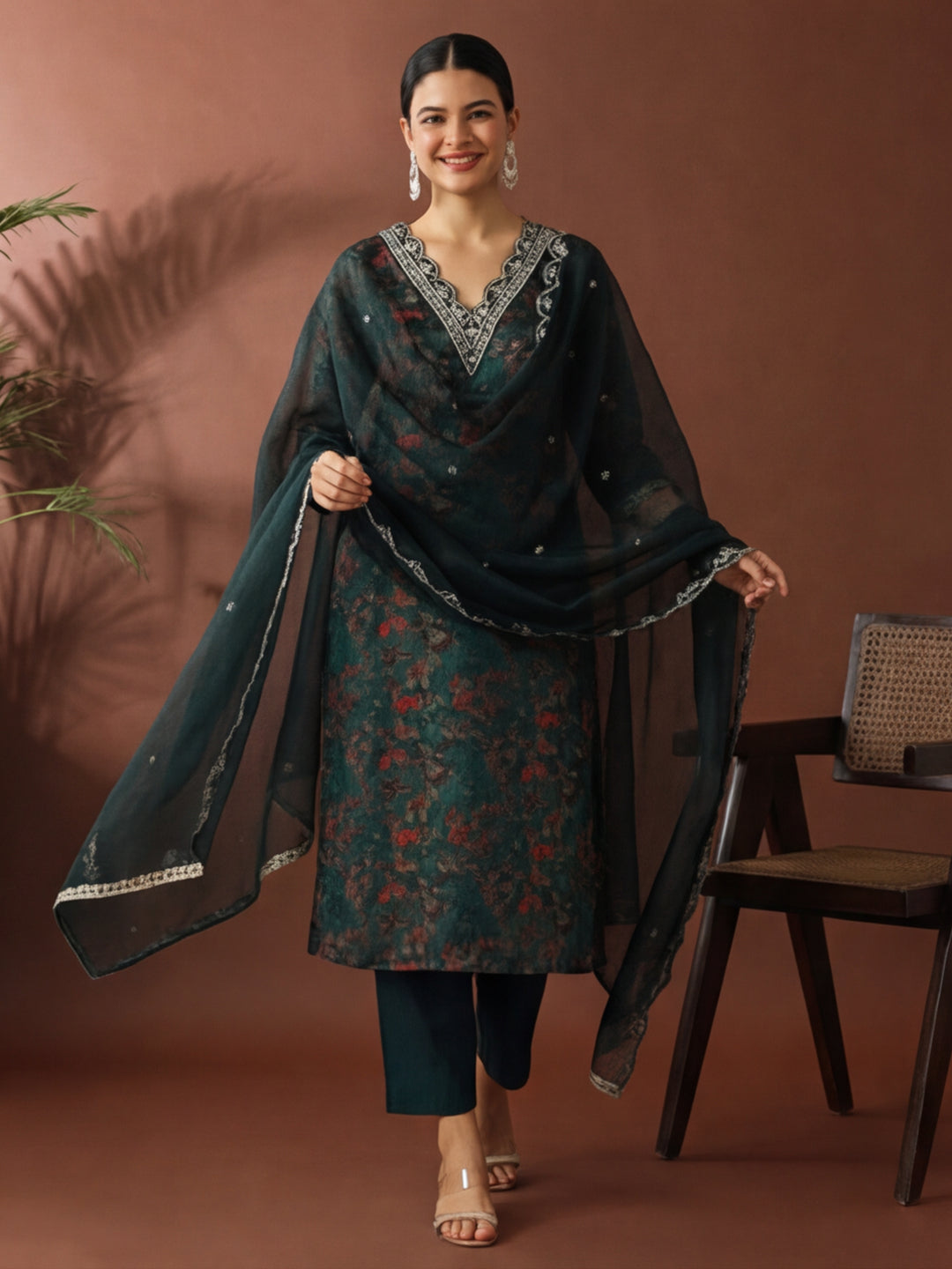 Floral Embroidered Straight Kurta & Trousers Sets