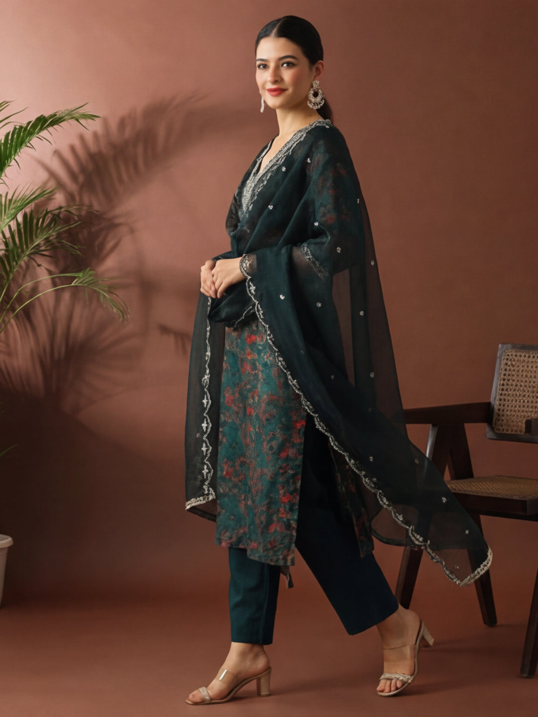 Floral Embroidered Straight Kurta & Trousers Sets