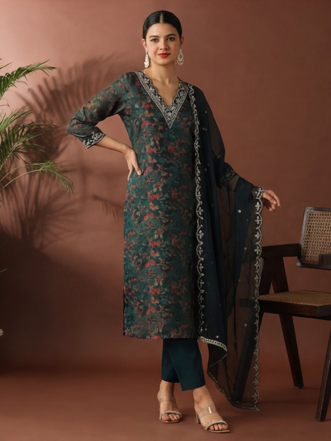 Floral Embroidered Straight Kurta & Trousers Sets