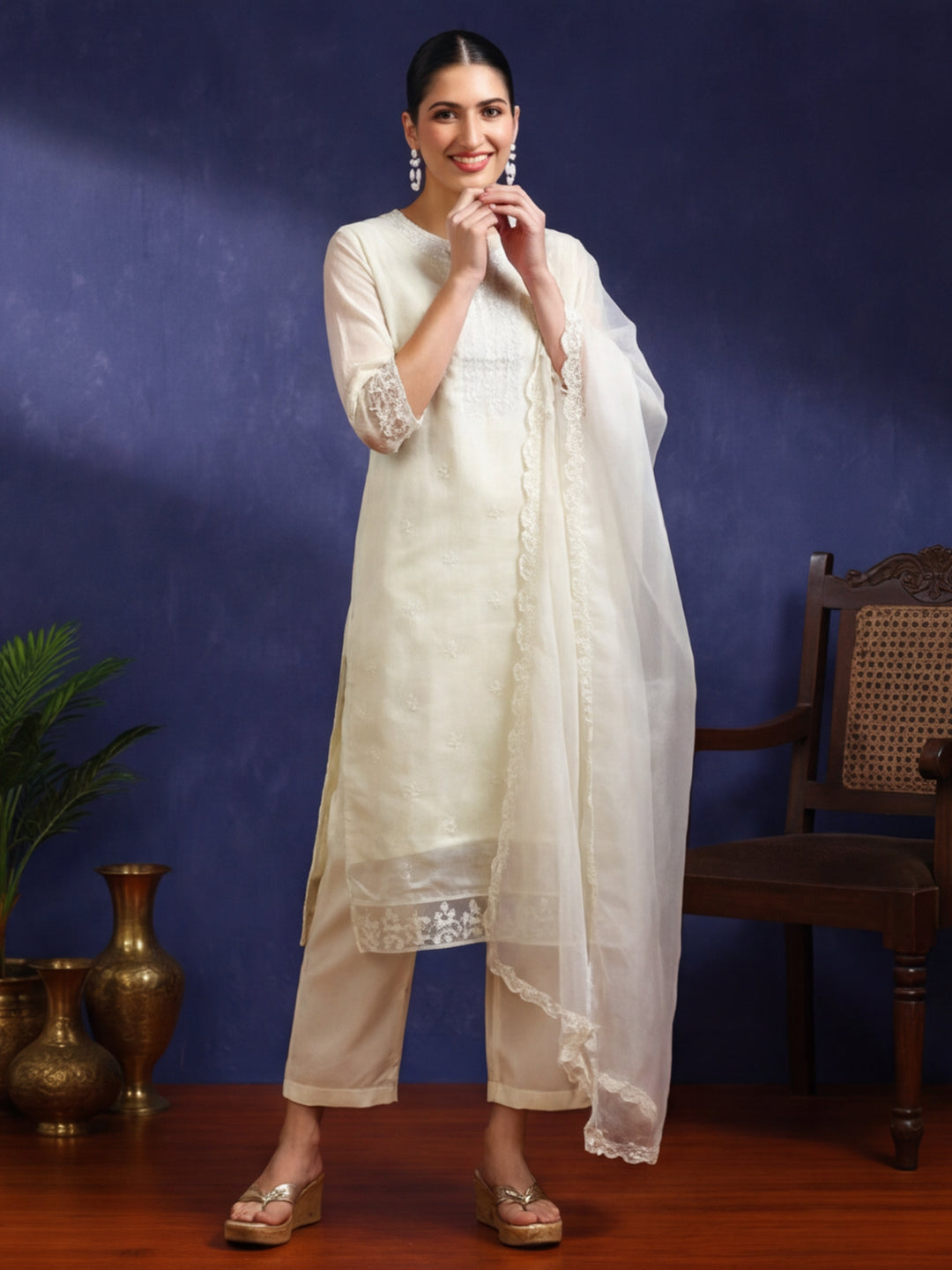 Floral Embroidered Straight Kurta & Trousers Sets