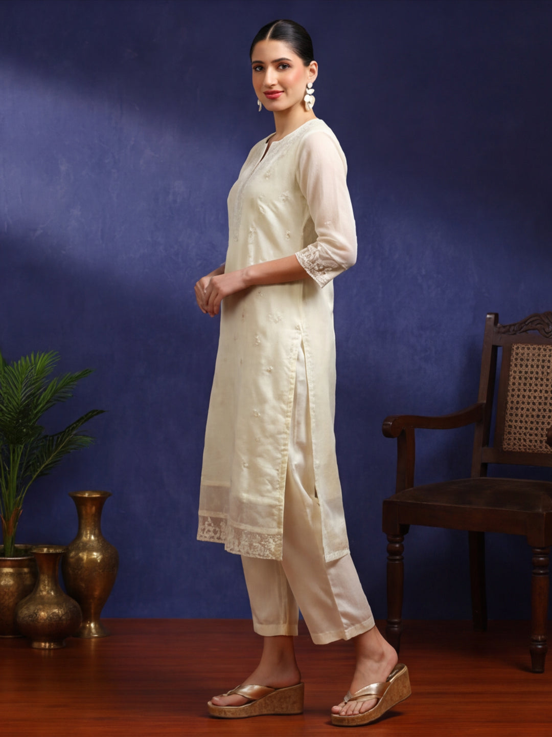 Floral Embroidered Straight Kurta & Trousers Sets