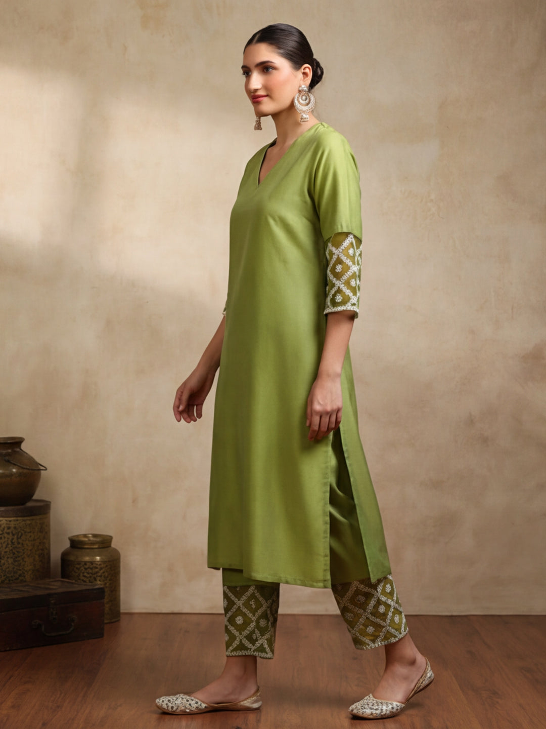 Solid Embroidered Straight Kurta & Trousers Sets