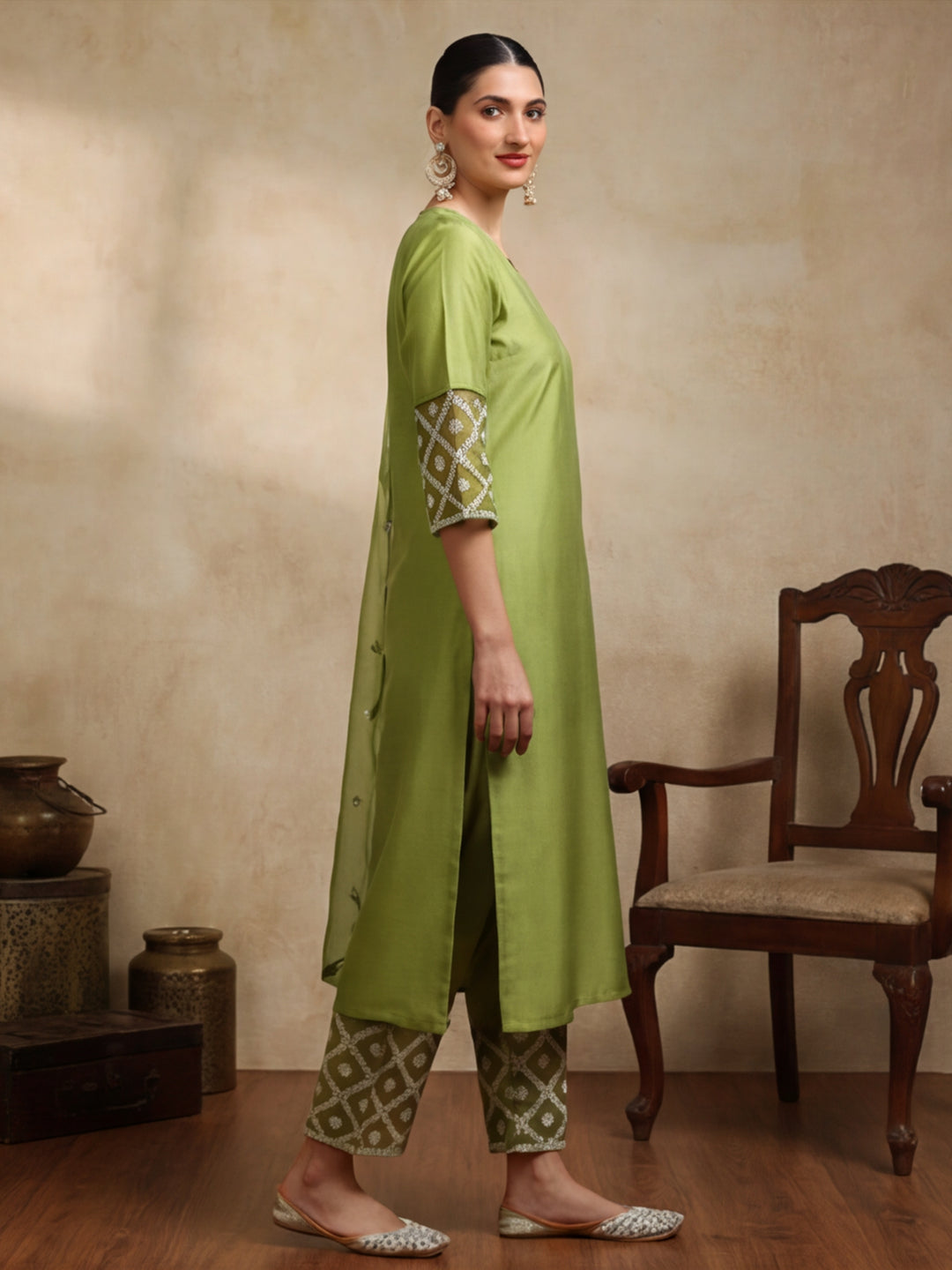 Solid Embroidered Straight Kurta & Trousers Sets