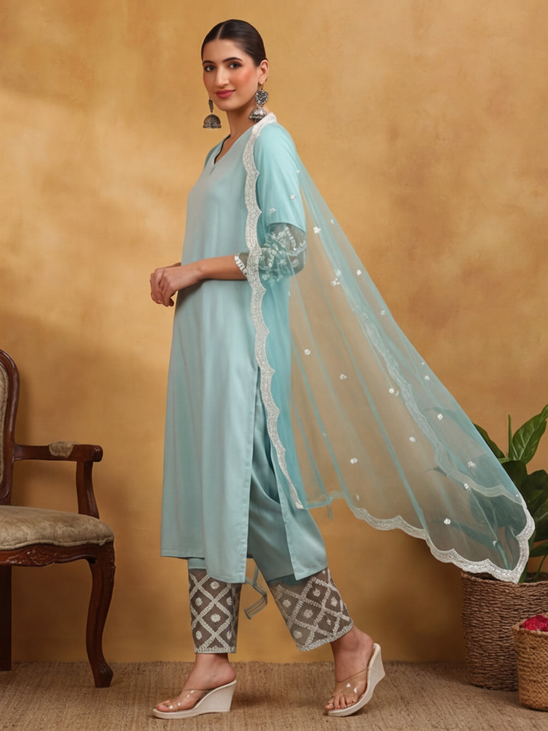 Solid Embroidered Straight Kurta & Trousers Sets