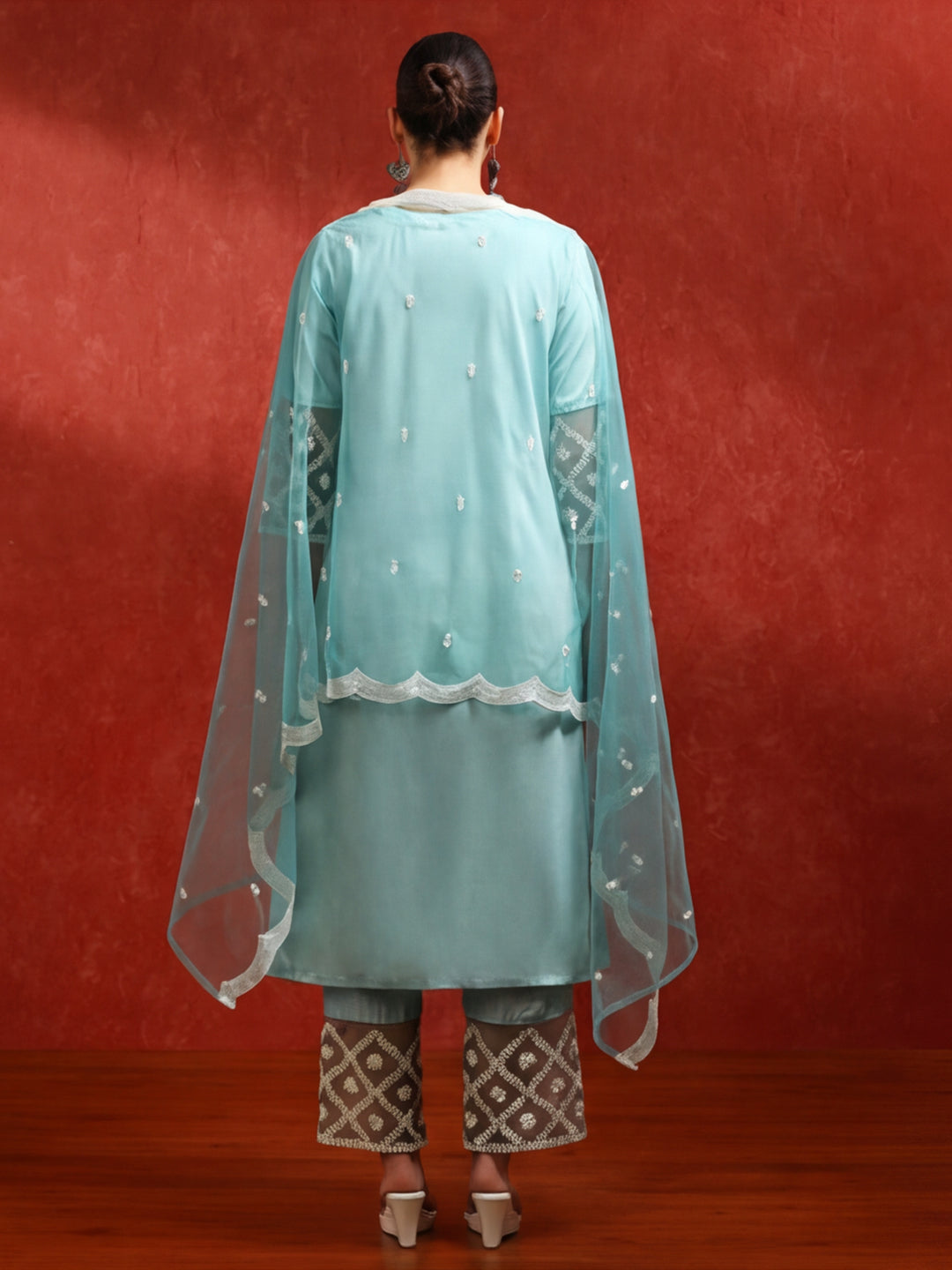 Solid Embroidered Straight Kurta & Trousers Sets