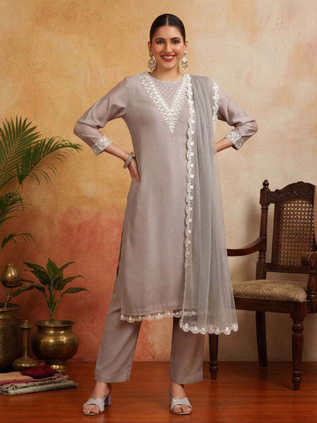 Floral Embroidered Straight Kurta & Trousers Sets