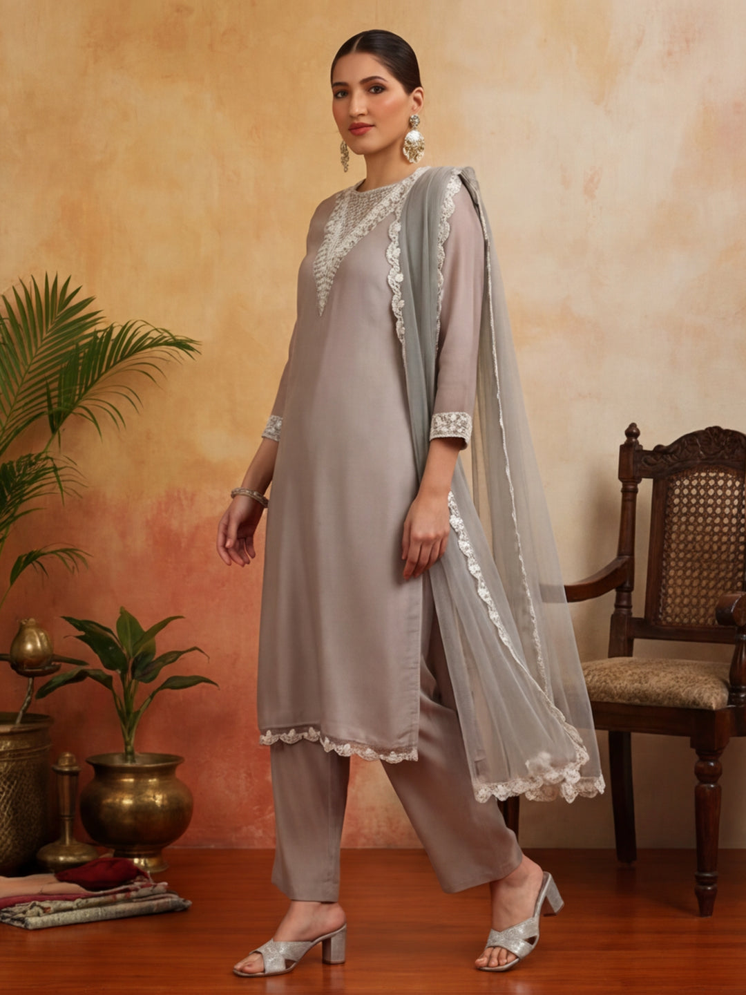 Floral Embroidered Straight Kurta & Trousers Sets