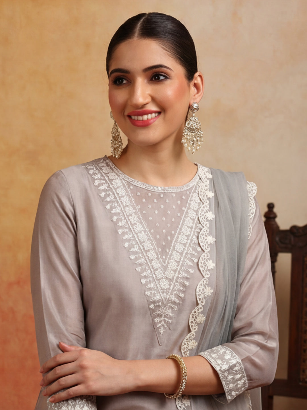 Floral Embroidered Straight Kurta & Trousers Sets