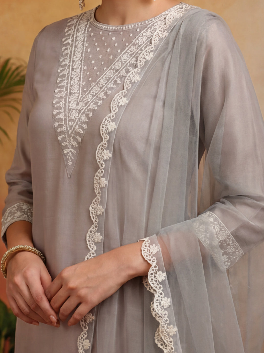 Floral Embroidered Straight Kurta & Trousers Sets
