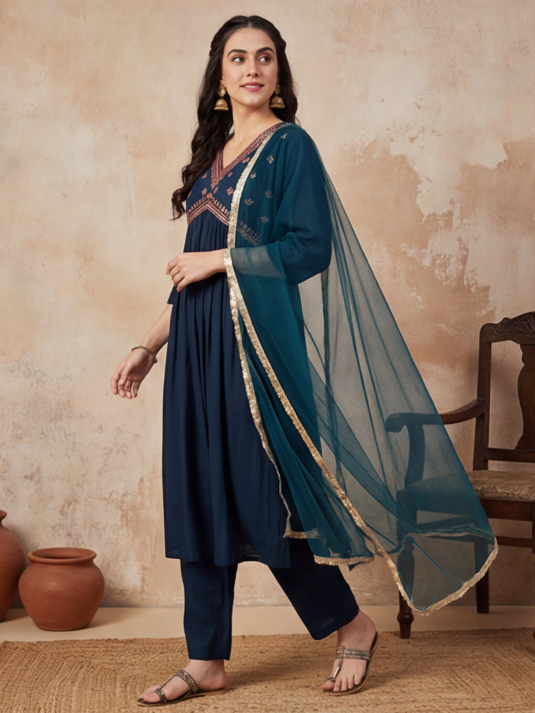 Ethnic Motifs Yoke Design Straight Kurta & Trousers Sets