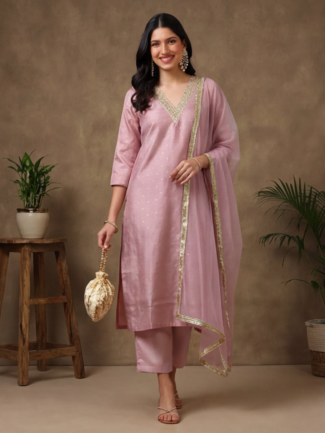 Ethnic Motifs Yoke Design Straight Kurta & Trousers Sets