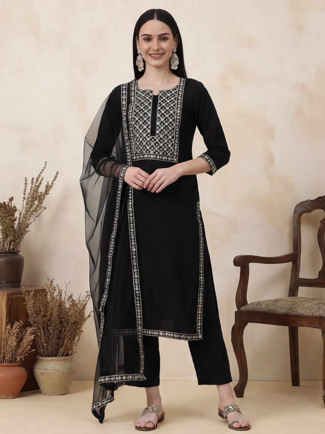Solid Embroidered Straight Kurta & Trousers Sets