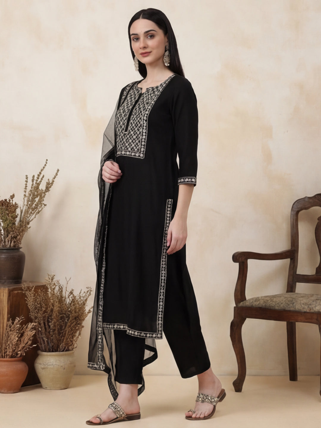 Solid Embroidered Straight Kurta & Trousers Sets